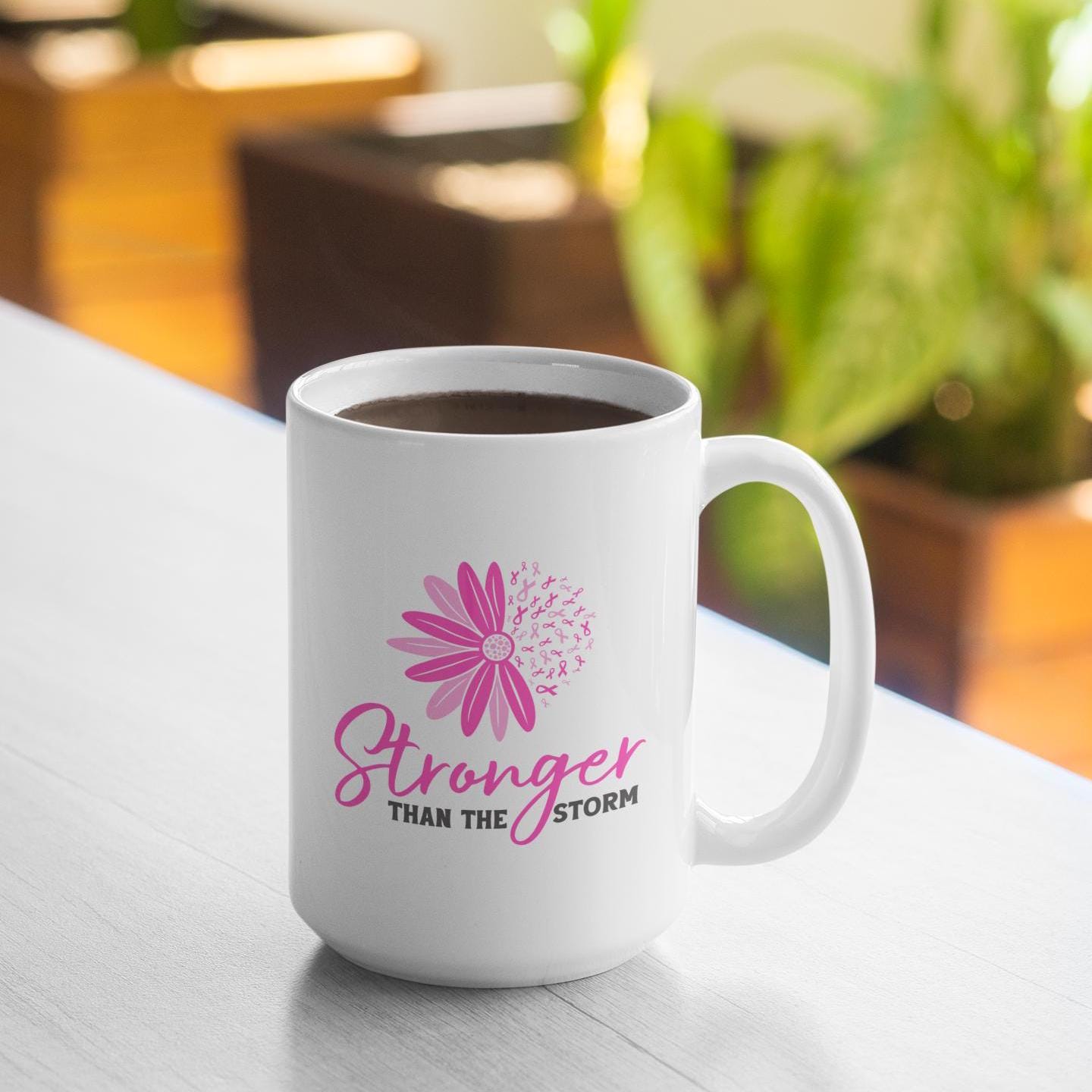Breast Cancer Survivor Mug: Stronger Than The Storm 15 oz Ceramic